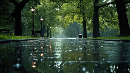 Rain in the park. Generative AI. - obrazy, fototapety, plakaty
