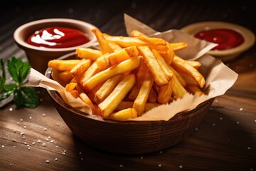 A mouthwatering basket full of hot and crispy French fries served alongside a side of tangy ketchup, Fried french fries in a bowl with paper and ketchup in a bowl, AI Generated