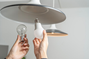 Asian people replace fluorescent light bulbs (CFL) with new LED bulbs. Female hands screw in an...
