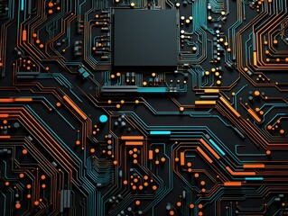 Computer Circuit Board With Orange and Blue Lights