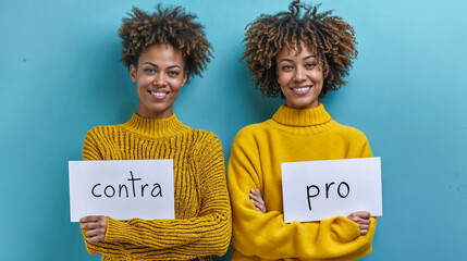 Pro and Contra Signs Held by Smiling Women in Yellow - obrazy, fototapety, plakaty