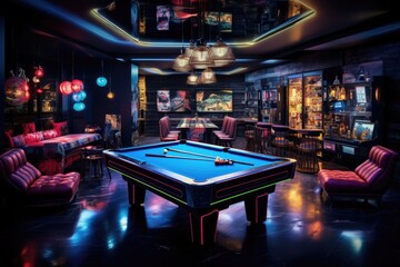 This image showcases a room with chairs surrounding a pool table, creating a spacious and inviting space for recreation and entertainment, Games room illuminated with leds, AI Generated