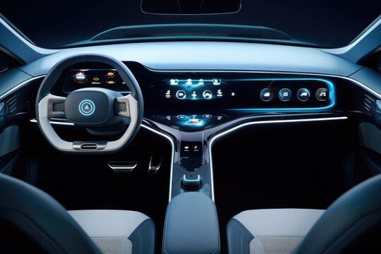 A visual of the cars interior featuring a steering wheel and dashboard, Future science fiction style, electric car dashboard steering wheel interior design, AI Generated