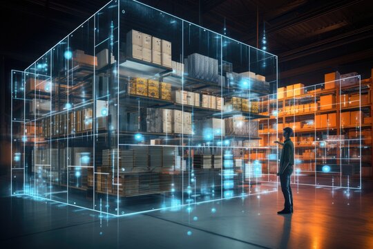 A man stands in front of a massive assortment of boxes, creating a striking visual display, Futuristic digital warehouse using augmented reality, AI Generated - Powered by Adobe