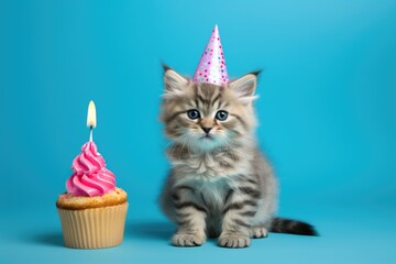 A cute kitten is seated beside a delightful cupcake adorned with a single flickering candle, Cute kitten photographed with a birthday hat and cupcake against a blue background, AI Generated