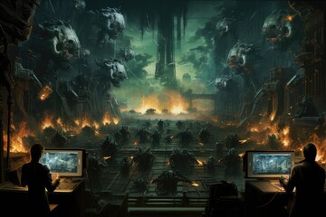 A diverse team of people sitting together, focused on their computer screens, Cyberwar, AI Generated