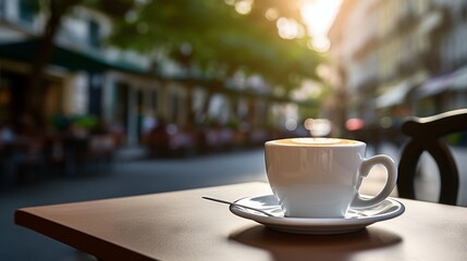 Fototapeta premium Morning coffee in outdoor cafe with city street view. White ceramic cup of hot coffee on wooden table with bokeh background of urban traffic.