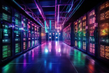 A large room filled with an abundance of colorful lights that create a mesmerizing visual spectacle, Data Center Server Room, Network Communication, Colorful Neon Server Racks, AI Generated