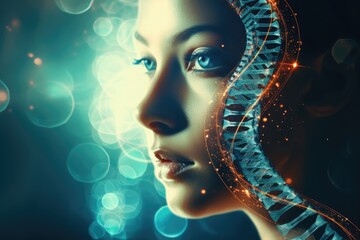 A womans face is pictured with a double strand of strands in front of her, Decode the genetic mysteries with AI-generated DNA imagery, AI Generated