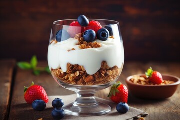 Delicious Bowl of Granola With Yogurt and Berries, Delicious yogurt with granola and berries in a bowl is featured in a close-up shot, AI Generated