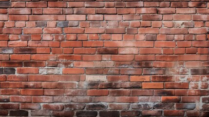 Old red brick wall background, wide panorama of masonry with cracks and stains, vintage texture for design and decoration