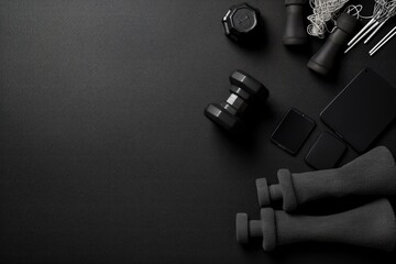 A captivating black and white image capturing the essence of gym equipment in its raw form, Fitness background, black sports equipment for training, copy space, top view, AI Generated - obrazy, fototapety, plakaty