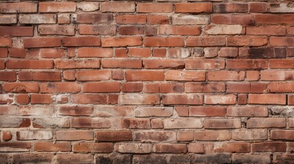 Old red brick wall background, wide panorama of masonry with cracks and stains, vintage texture for...