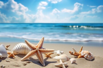 Fototapeta na wymiar Seashells on the sand on the background of the sea