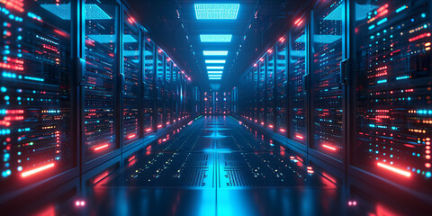 Illuminated  data server center with rows of  server racks in a technology environment,AI generated - obrazy, fototapety, plakaty