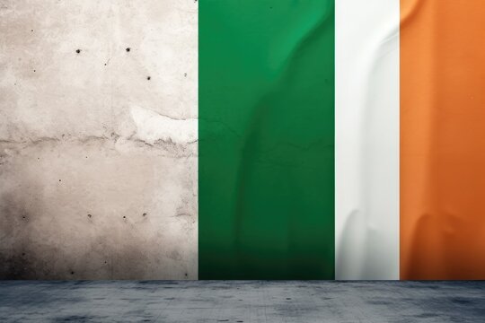 An image of a wall adorned with a painted flag, Flag of Ireland on a concrete backdrop, Irish flag background with copy space, AI Generated