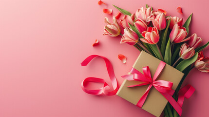 Top view of giftbox with ribbon bouquet of tulips on pink background