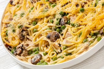 baked chicken tetrazzini in baking dish, top view