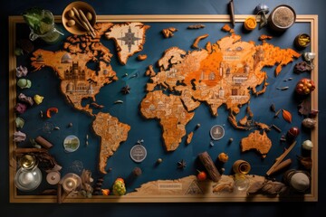 World Map Made of Cork and Magnets - Magnetic Corkboard Map for Educational, Follow the spice trails with a map highlighting the origins of aromatic treasures from around the world, AI Generated