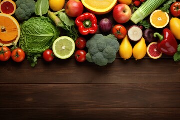 Assorted Fruits and Vegetables Displayed on Wooden Table, Fresh fruits and vegetables arranged on a wooden table, forming a healthy food background, Diet concept, AI Generated
