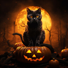 Halloween cat with pumpkin in dark background.  Witchy black cat and scary faced orange Spooky pumpkin. Jack O Lantern. AI generated.
