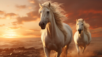 Couple white horse with long mane against sunset sky.