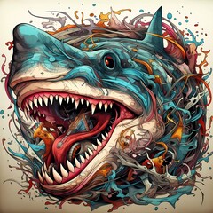 Abstract shark head close up with tangled doodle elements. Full color illustrations. generative ai