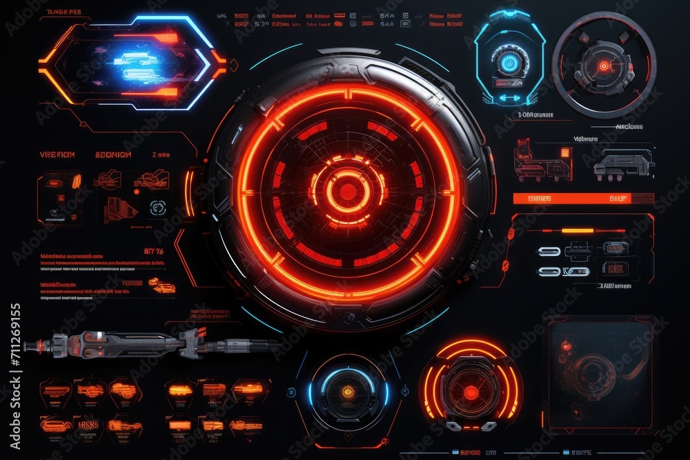 Poster an image of a computer screen with vibrant neon lights in a futuristic setting, game interface with 