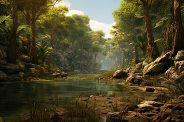 Naklejka na ściany i meble This beautiful painting captures the tranquility of a river as it winds its way through a lush forest, Mushrooms in the forest with a bokeh background, 3D rendering, AI Generated