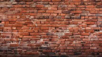 Old red brick wall background, wide panorama of masonry with cracks and stains, vintage texture for design and decoration