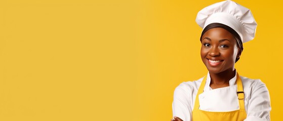 Happy black woman chef in yellow apron and hat on yellow background. Food and cooking concept....