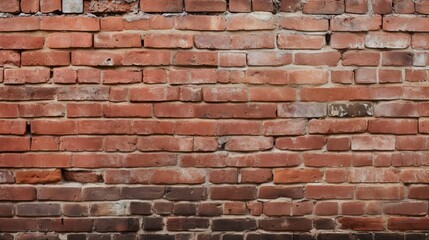 Old red brick wall background, wide panorama of masonry with cracks and stains, vintage texture for design and decoration