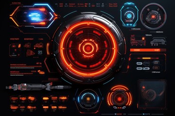 An image of a computer screen with vibrant neon lights in a futuristic setting, Game interface with futuristic weapons and graphics, Futuristic innovative technologies, AI Generated