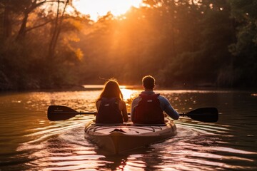 A couple enjoys a calm evening as they paddle together in a kayak on serene water, Couple kayaking together, AI Generated - obrazy, fototapety, plakaty
