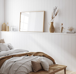 Mock up frame in cozy home interior background, coastal style bedroom, 3d render