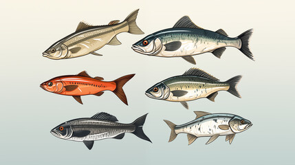 Fresh sea fish. Isolated set on a white background. 