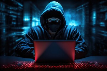 A man wearing a hoodie sits in front of a laptop, focused on his screen, Cyber security concept Cyber crime hacker with laptop, AI Generated