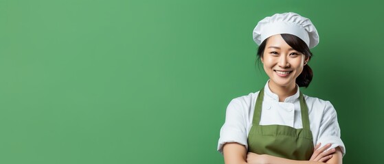 Asian female chef smiling on green background with copy space for text. Suitable for food and cooking related projects. - obrazy, fototapety, plakaty