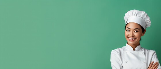 Asian female chef smiling on green background with copy space for text. Suitable for food and cooking related projects.