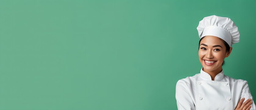 Asian female chef smiling on green background with copy space for text. Suitable for food and cooking related projects.