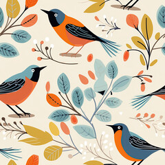 Seamless pattern with blue and orange  birds and   blue  leafs  over a white background.  Drawing illustration for fabric, print,decoration, banner, and wallpaper.

