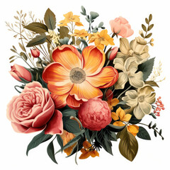 watercolor flower, A painting of colorful flowers on white background, Set of floral branch. Flower pink rose, green leaves. Wedding concept with flowers. Floral poster, boho flower