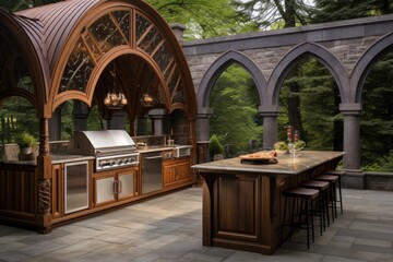 Naklejka premium Spacious Outdoor Kitchen With Oven and Grill , Front view of an outdoor BBQ area with an arched gazebo, stainless steel BBQ, ornate wooden background, wooden cabinets, and marble tops, AI Generated