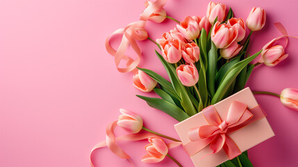 Top view of giftbox with ribbon bouquet of tulips on pink background
