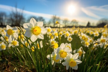 Obraz premium An expansive field bursts with a multitude of white and yellow flowers, creating a picturesque and mesmerizing sight, Daffodil flowers in the field, AI Generated