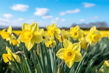 Fototapeta premium A stunning view of a field filled with vibrant yellow flowers stretching towards the endless blue sky, Daffodil flowers in the field, AI Generated