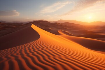Fototapeta na wymiar Witness the beauty of a serene sunset as the sun sets over the majestic sand dunes, Desert at sunset with shadows stretching from tall sand dunes, AI Generated