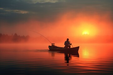 A man peacefully fishes in a boat, surrounded by the stunning hues of a sunset, fisher fishing on foggy sunrise, AI Generated