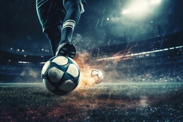 An athlete playing soccer kicks a ball on a field during an intense match, Football scene at night match with close up of a soccer shoe hitting the ball with power, AI Generated