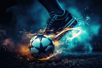A person kicks a soccer ball on a field during a game, showcasing their athletic ability, Football scene at night match with close up of a soccer shoe hitting the ball with power, AI Generated